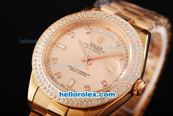 Rolex Day Date II Automatic Movement Full Rose Gold with Double Row Diamond Bezel-Diamond Markers and Rose Gold Dial - Click Image to Close